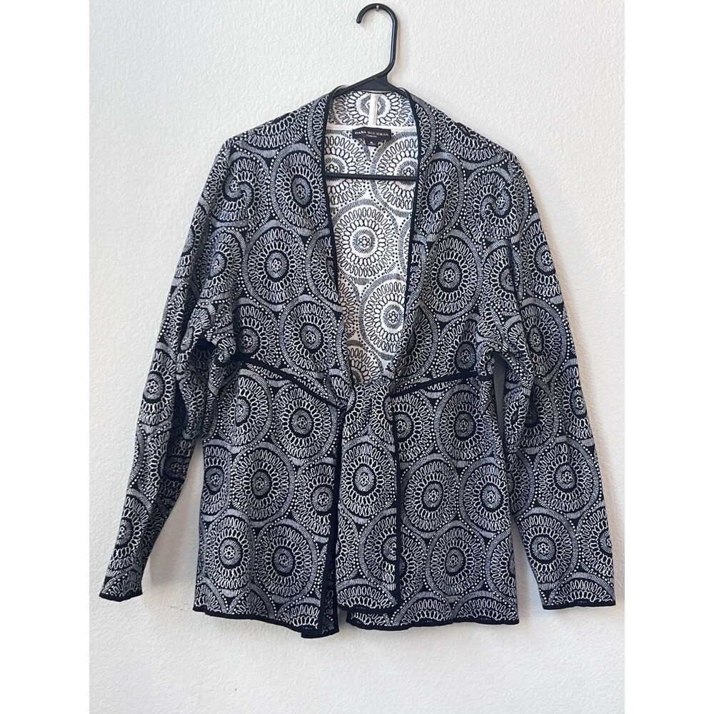 Dana Bachman Kimono Open Cardigan XL Tie Black White Knit 100% Cotton
